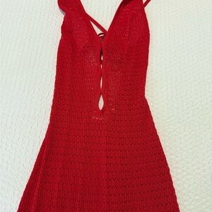 Monday Swimwear Red Crochet V-Neck Swim Coverup